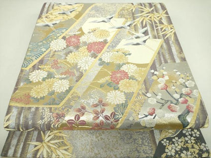 平和屋着物▼六通柄袋帯　飛鶴吉祥花文　金銀糸　正絹　逸品　DABJ8013ps