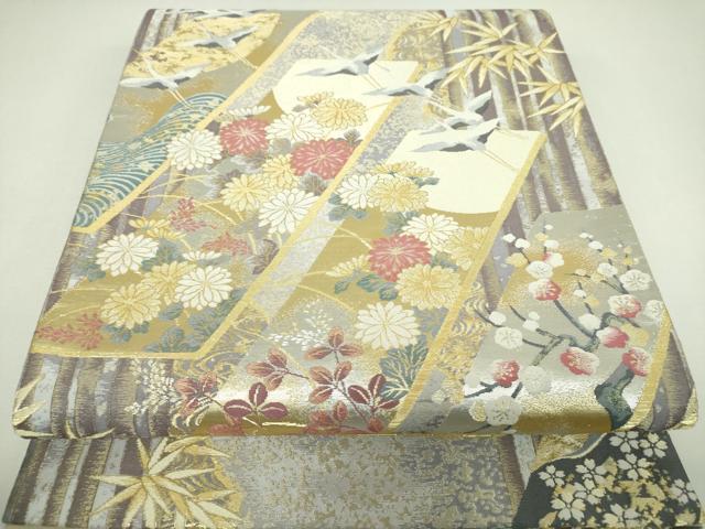 平和屋着物▼六通柄袋帯　飛鶴吉祥花文　金銀糸　正絹　逸品　DABJ8013ps