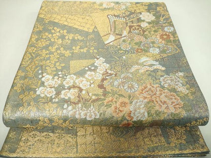 平和屋着物▼六通柄袋帯　伯楽色紙取文　金糸　正絹　逸品　DABJ8017ps