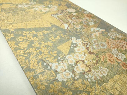 平和屋着物▼六通柄袋帯　伯楽色紙取文　金糸　正絹　逸品　DABJ8017ps