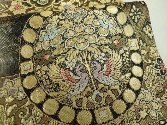 平和屋着物▼六通柄袋帯　狩猟連珠　花鳥文　金銀糸　正絹　逸品　DABJ8022ps