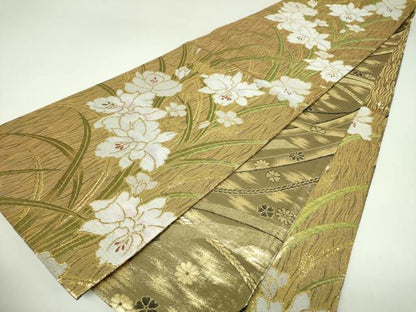 平和屋着物▼両面　六通柄袋帯　草花文　金糸　正絹　逸品　DABJ8025ps
