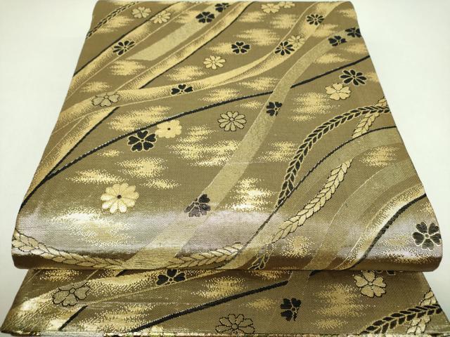 平和屋着物▼両面　六通柄袋帯　草花文　金糸　正絹　逸品　DABJ8025ps