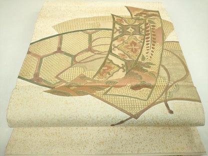 平和屋着物▼中国三大刺繍　スワトウ相良刺繍　汕頭相良刺繍　総刺繍　太鼓柄袋帯　地紙重ね短冊花文　金彩　正絹　逸品　DABJ8026ps