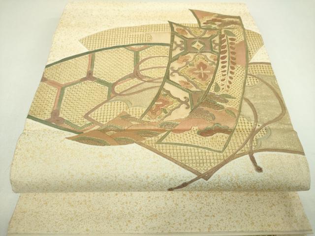平和屋着物▼中国三大刺繍　スワトウ相良刺繍　汕頭相良刺繍　総刺繍　太鼓柄袋帯　地紙重ね短冊花文　金彩　正絹　逸品　DABJ8026ps