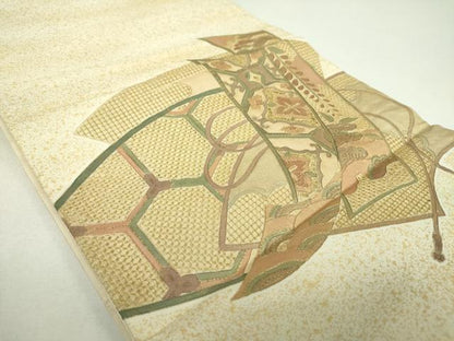 平和屋着物▼中国三大刺繍　スワトウ相良刺繍　汕頭相良刺繍　総刺繍　太鼓柄袋帯　地紙重ね短冊花文　金彩　正絹　逸品　DABJ8026ps