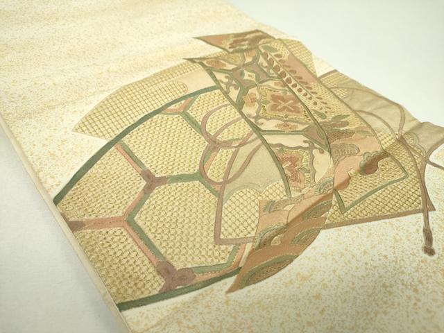 平和屋着物▼中国三大刺繍　スワトウ相良刺繍　汕頭相良刺繍　総刺繍　太鼓柄袋帯　地紙重ね短冊花文　金彩　正絹　逸品　DABJ8026ps