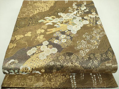 平和屋着物▼六通柄袋帯　唐織　道長花文　金糸　やまと誂製　正絹　逸品　DABJ8027ps