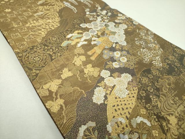 平和屋着物▼六通柄袋帯　唐織　道長花文　金糸　やまと誂製　正絹　逸品　DABJ8027ps