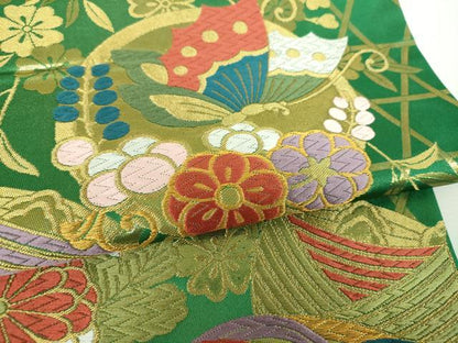 平和屋着物▼六通柄袋帯　唐織　舞蝶鳳凰糸車花文　金銀糸　正絹　逸品　DABJ8036ps