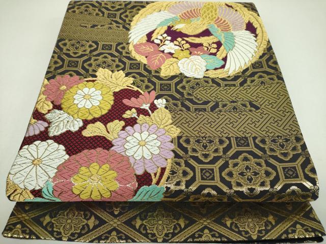 平和屋着物▼六通柄袋帯　鳳凰花丸文　黒地　金銀糸　正絹　逸品　DABJ8039ps