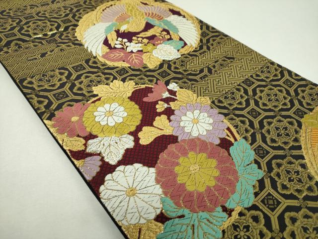 平和屋着物▼六通柄袋帯　鳳凰花丸文　黒地　金銀糸　正絹　逸品　DABJ8039ps