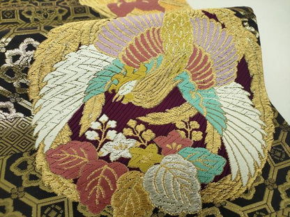 平和屋着物▼六通柄袋帯　鳳凰花丸文　黒地　金銀糸　正絹　逸品　DABJ8039ps