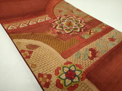 平和屋着物●中国三大刺繍　スワトウ刺繍　汕頭刺繍　総刺繍　太鼓柄袋帯　紬地　正倉院花文　正絹　逸品　DABJ8043ps