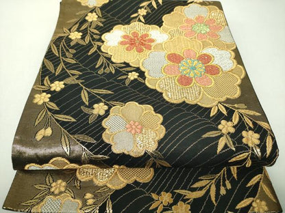 平和屋着物▼六通柄袋帯　枝垂れ桜　黒地　金銀糸　正絹　逸品　DABJ8076ps