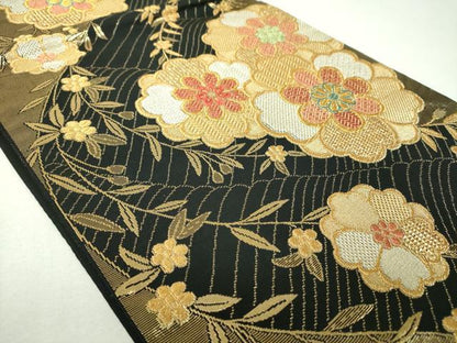 平和屋着物▼六通柄袋帯　枝垂れ桜　黒地　金銀糸　正絹　逸品　DABJ8076ps