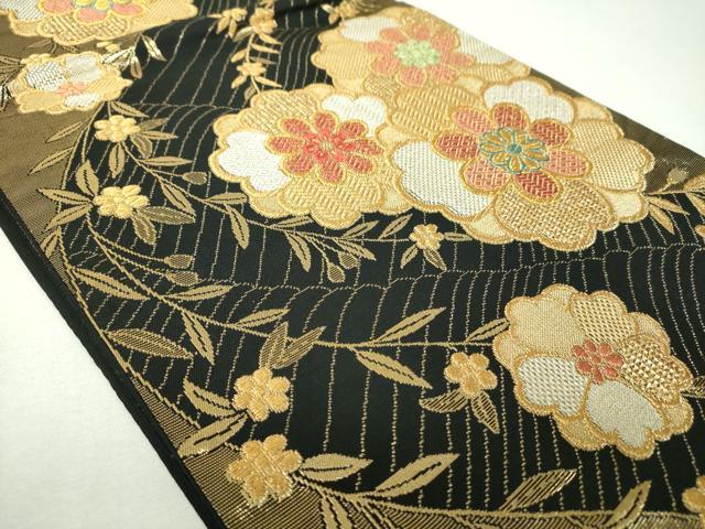 平和屋着物▼六通柄袋帯　枝垂れ桜　黒地　金銀糸　正絹　逸品　DABJ8076ps