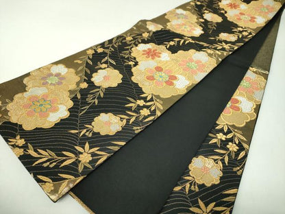 平和屋着物▼六通柄袋帯　枝垂れ桜　黒地　金銀糸　正絹　逸品　DABJ8076ps