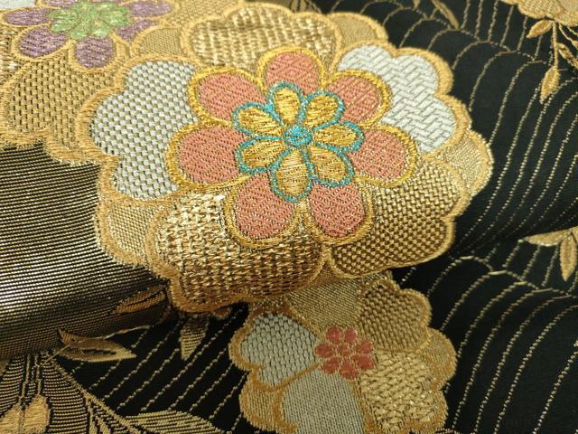 平和屋着物▼六通柄袋帯　枝垂れ桜　黒地　金銀糸　正絹　逸品　DABJ8076ps