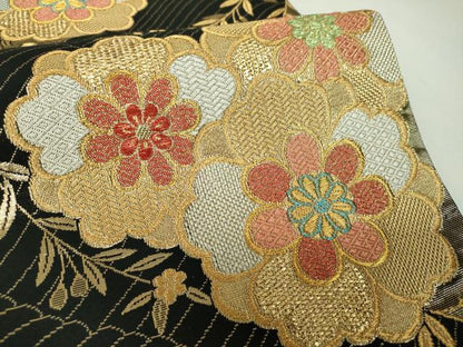 平和屋着物▼六通柄袋帯　枝垂れ桜　黒地　金銀糸　正絹　逸品　DABJ8076ps