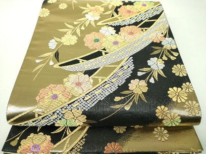 平和屋着物▼六通柄袋帯　枝垂れ桜　桜舟文　金銀糸　正絹　逸品　DABJ8080ps