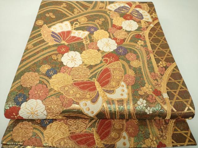平和屋着物▼両面　六通柄袋帯　舞蝶流水花文　金糸　正絹　逸品　DABJ8081ps