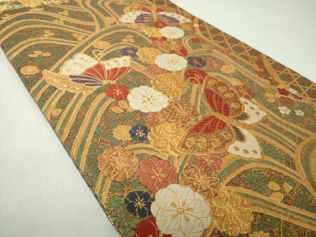 平和屋着物▼両面　六通柄袋帯　舞蝶流水花文　金糸　正絹　逸品　DABJ8081ps