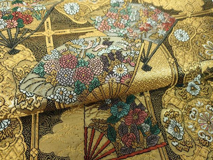 平和屋着物▼六通柄袋帯　流水扇華鳥文　金銀糸　正絹　逸品　DABJ8088ps