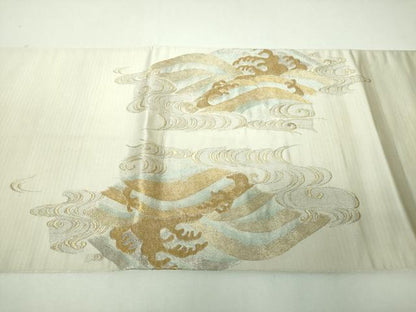 平和屋着物▼太鼓柄袋帯　総刺繍　立波文　金銀糸　正絹　逸品　DABJ8090ps