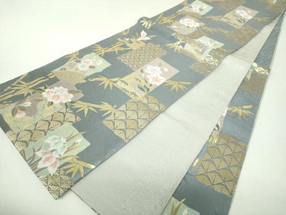 平和屋着物▼六通柄袋帯　色紙花文　笹竹文　金糸　銀通し地　正絹　逸品　DABJ8097ps