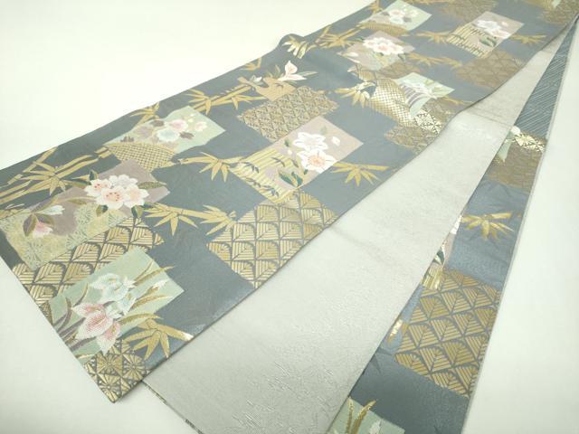 平和屋着物▼六通柄袋帯　色紙花文　笹竹文　金糸　銀通し地　正絹　逸品　DABJ8097ps