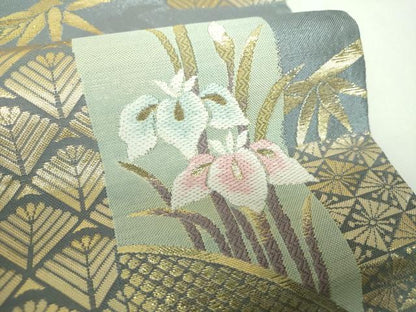 平和屋着物▼六通柄袋帯　色紙花文　笹竹文　金糸　銀通し地　正絹　逸品　DABJ8097ps