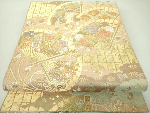 平和屋着物▼六通柄袋帯　唐織　夕錦　檜扇御所車花文　金糸　正絹　逸品　DABJ8098ps