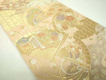平和屋着物▼六通柄袋帯　唐織　夕錦　檜扇御所車花文　金糸　正絹　逸品　DABJ8098ps