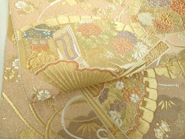 平和屋着物▼六通柄袋帯　唐織　夕錦　檜扇御所車花文　金糸　正絹　逸品　DABJ8098ps