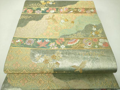 平和屋着物▼六通柄袋帯　宝尽くし鳳凰花文　金糸　引箔　正絹　逸品　DABJ8115ps
