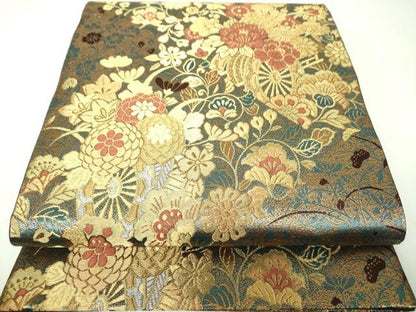 平和屋着物▼六通柄袋帯　重文彫金文　花車文　金銀糸　正絹　逸品　未使用　DABJ8117ps