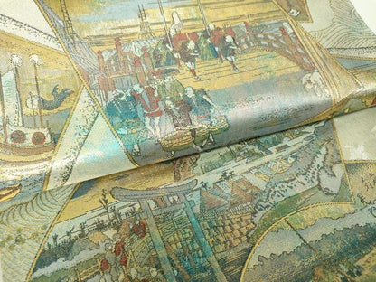 平和屋着物▼全景全通柄袋帯　東海道五拾三次　金銀糸　正絹　逸品　DABJ8119ps