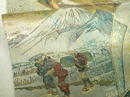 平和屋着物▼全景全通柄袋帯　東海道五拾三次　金銀糸　正絹　逸品　DABJ8119ps