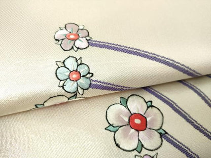 平和屋着物▼九寸名古屋帯　刺繍　舞花文　銀糸　正絹　逸品　DABJ8123ps
