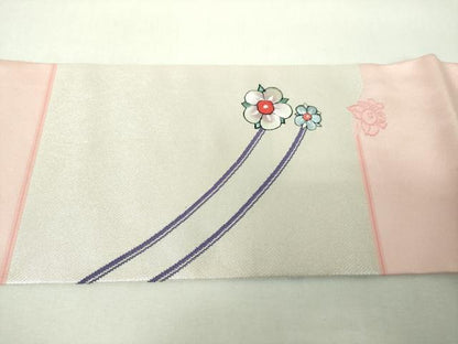 平和屋着物▼九寸名古屋帯　刺繍　舞花文　銀糸　正絹　逸品　DABJ8123ps