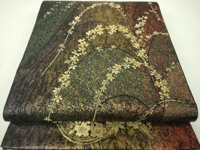 平和屋着物▼六通柄袋帯　ふくれ織　枝垂れ花　金糸　引箔　正絹　逸品　DABJ8132ps