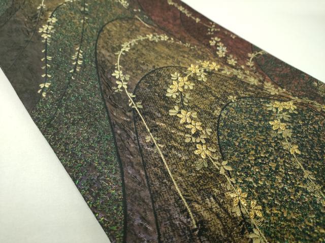 平和屋着物▼六通柄袋帯　ふくれ織　枝垂れ花　金糸　引箔　正絹　逸品　DABJ8132ps