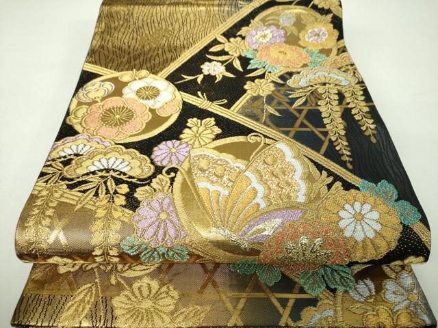 平和屋着物▼六通柄袋帯　舞蝶花丸文　金銀糸　正絹　逸品　DABJ8137ps