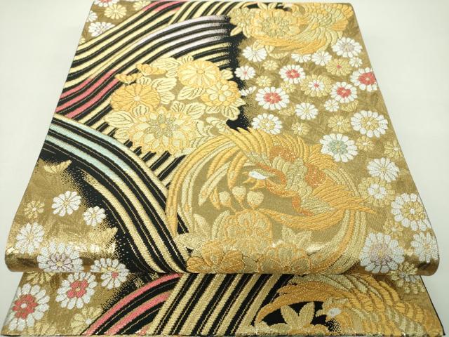 平和屋着物▼六通柄袋帯　鳳凰花丸文　黒地　金銀糸　正絹　逸品　DABJ8140ps