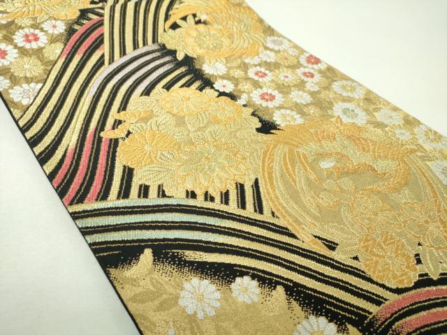 平和屋着物▼六通柄袋帯　鳳凰花丸文　黒地　金銀糸　正絹　逸品　DABJ8140ps