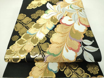 平和屋着物▼六通柄袋帯　藤花房　黒地　金銀糸　正絹　逸品　DABJ8141ps