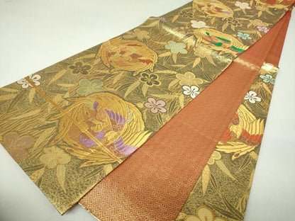 平和屋着物▼佐賀錦　六通柄袋帯　彩美　道長梅鳳凰文　金糸　正絹　逸品　DABJ8157ps