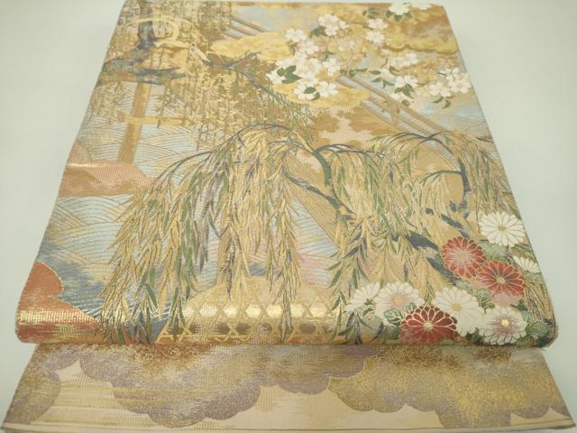 平和屋着物▼六通柄袋帯　紹巴　雲取り渡橋風景花文　金糸　正絹　逸品　DABJ8162ps