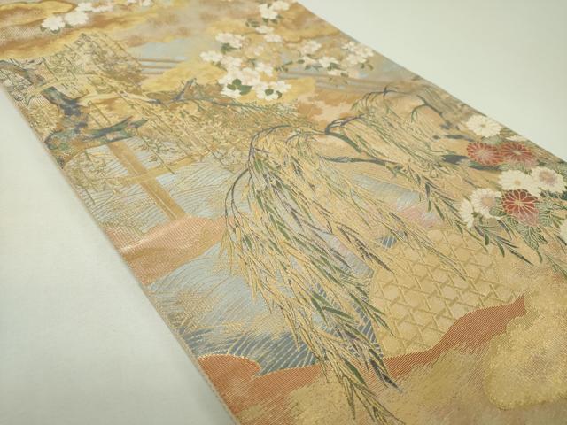 平和屋着物▼六通柄袋帯　紹巴　雲取り渡橋風景花文　金糸　正絹　逸品　DABJ8162ps